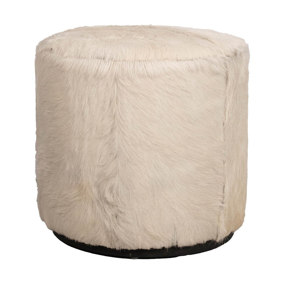 Matty Small Round Ottoman | Macadamia Goat Leather | Solid Teak Frame 18"