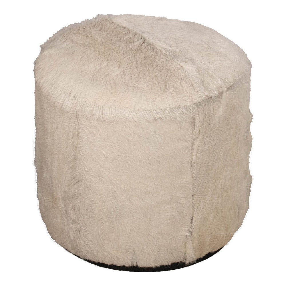 Matty Small Round Ottoman | Macadamia Goat Leather | Solid Teak Frame 18"