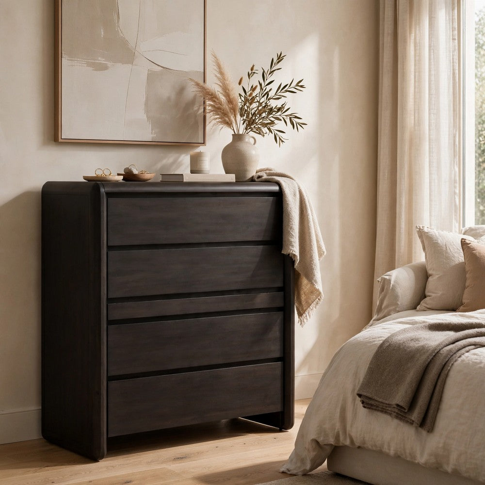 Zanny Tall Dresser Chest with 5 Drawers | Jewelry Tray| Black Acacia Wood