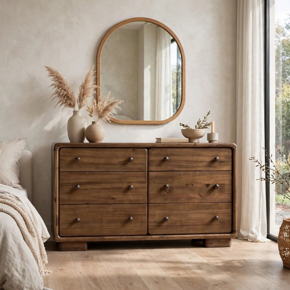 June Wide Dresser | 6 Drawers | Rounded Frame | Impala Acacia Wood