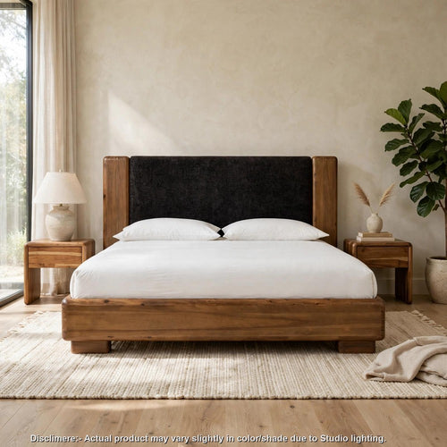 June Queen Platform Bed with Impala Acacia-Rubberwood | Black Chenille