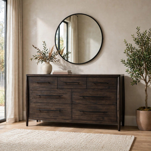 Kevin 68" Wide Dresser with 7 Drawers | Minx Brown Acacia Wood