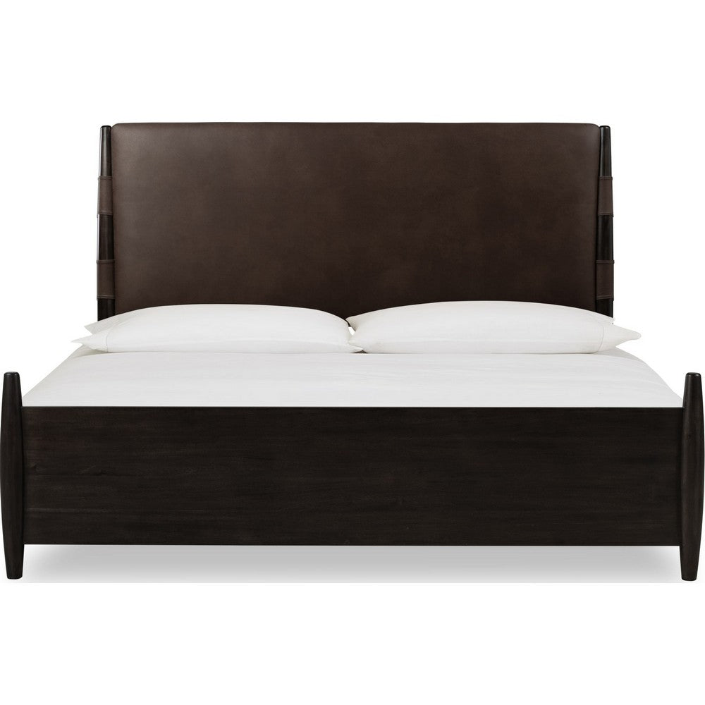 Kevin Queen-Size Panel Bed with Brown Faux Leather | Minx Acacia Wood