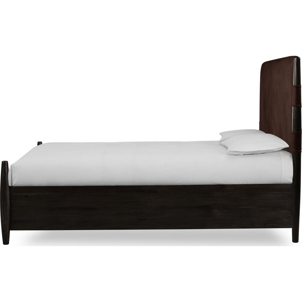 Kevin Queen-Size Panel Bed with Brown Faux Leather | Minx Acacia Wood