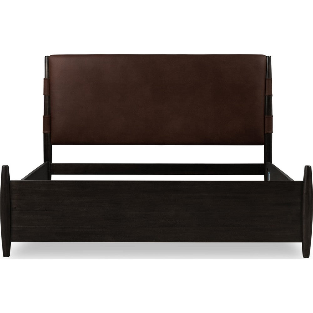 Kevin Queen-Size Panel Bed with Brown Faux Leather | Minx Acacia Wood