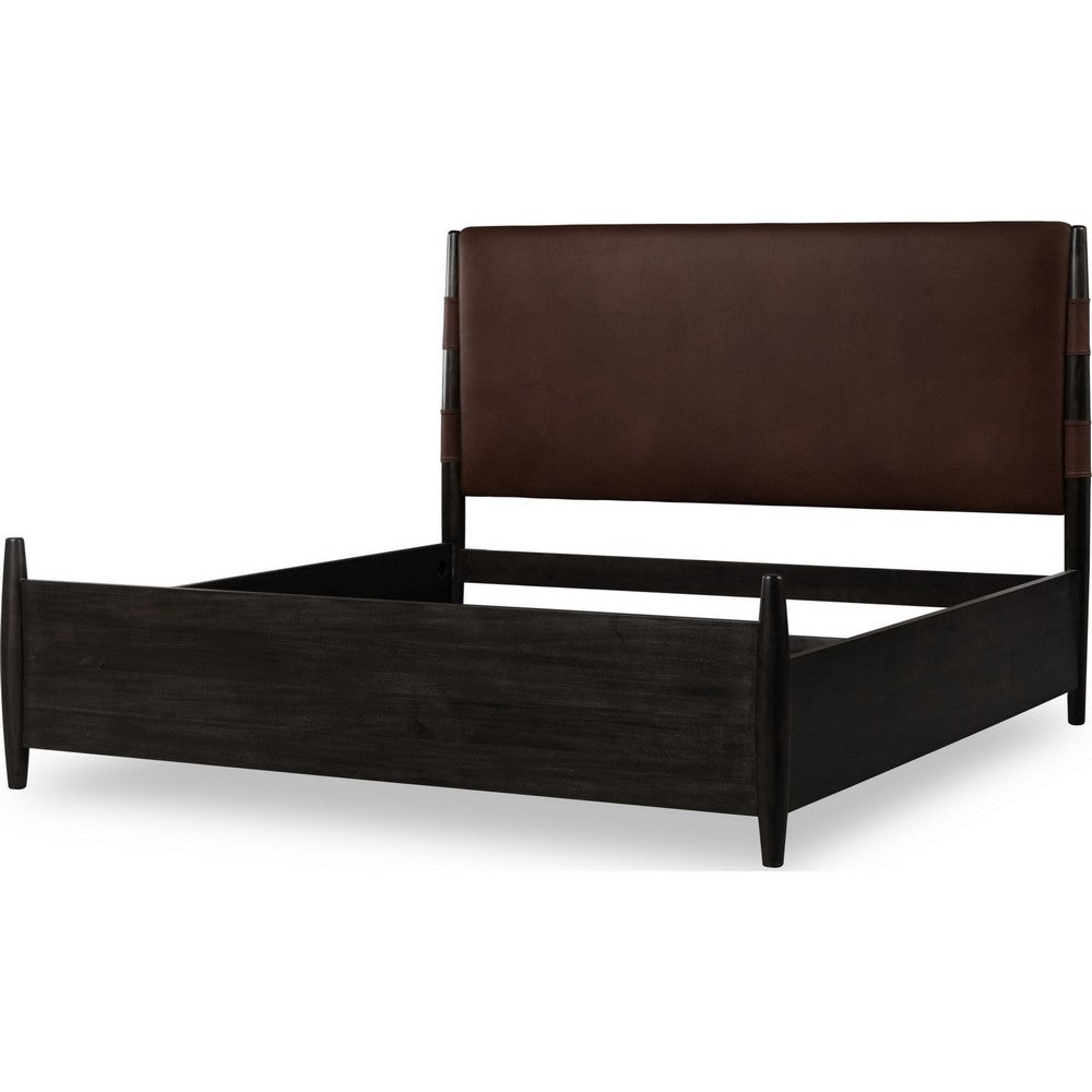 Kevin Queen-Size Panel Bed with Brown Faux Leather | Minx Acacia Wood