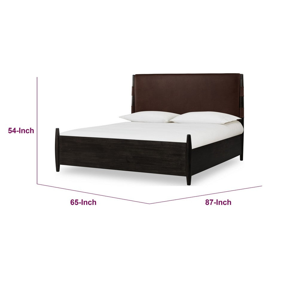 Kevin Queen-Size Panel Bed with Brown Faux Leather | Minx Acacia Wood