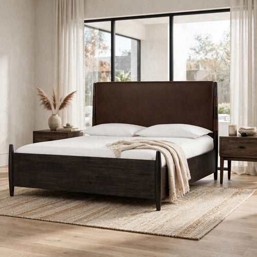 Kevin Queen-Size Panel Bed with Brown Faux Leather | Minx Acacia Wood