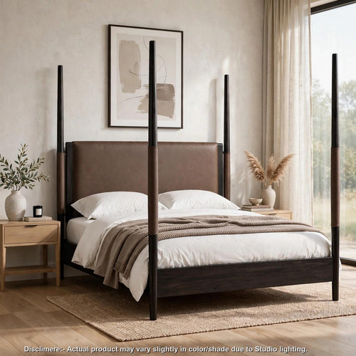 Kevin Queen-Size Poster Bed with Brown Faux Leather | Minx Acacia Wood