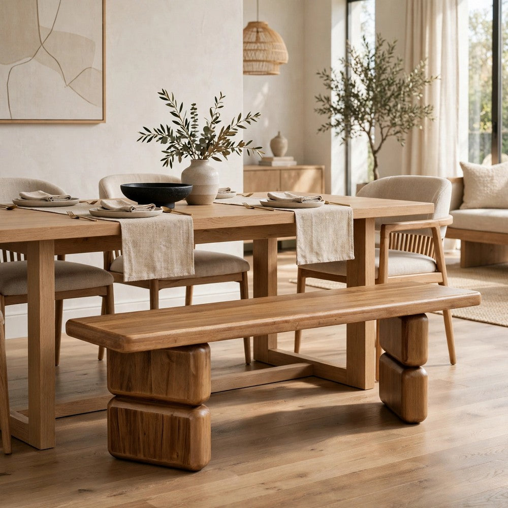 Carly Dining Bench with Block Feet | Lioness Finish Acacia Wood 60"