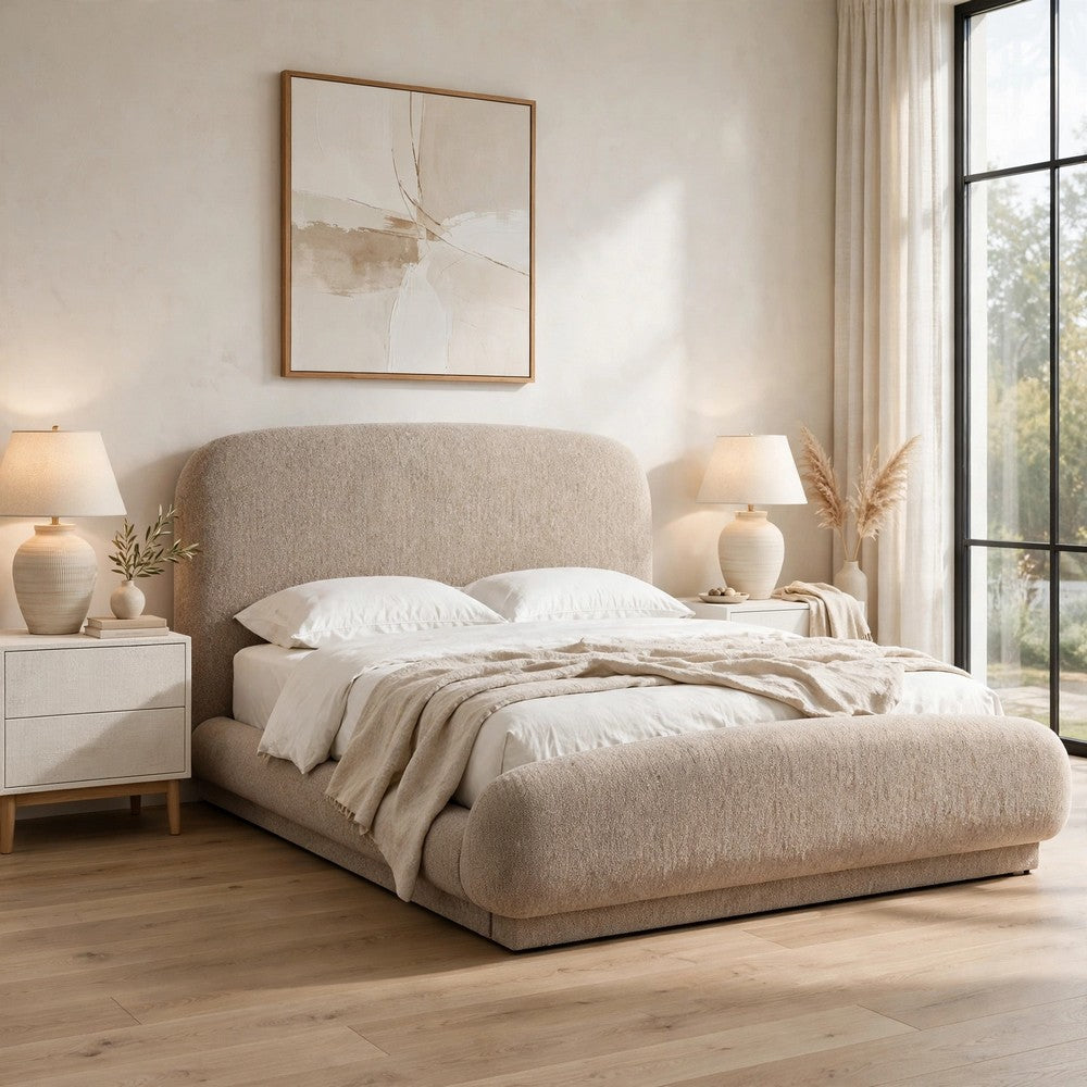 Terry Queen-Size Platform Bed | Hyena Brown Wood | Tan Chenille Fabric