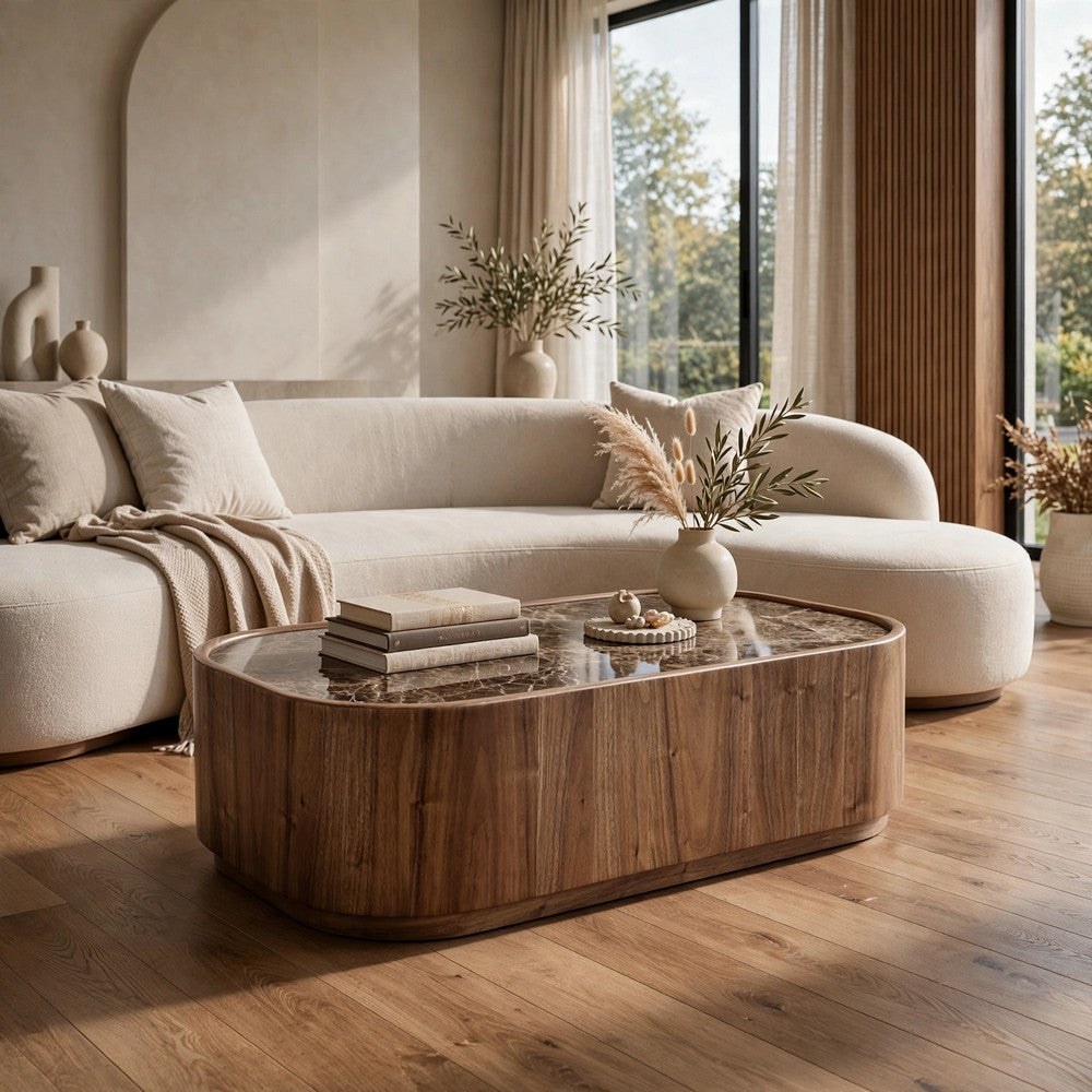 Tuba Coffee Table with Casters | Natural Marble Top | Brown Wood 48"