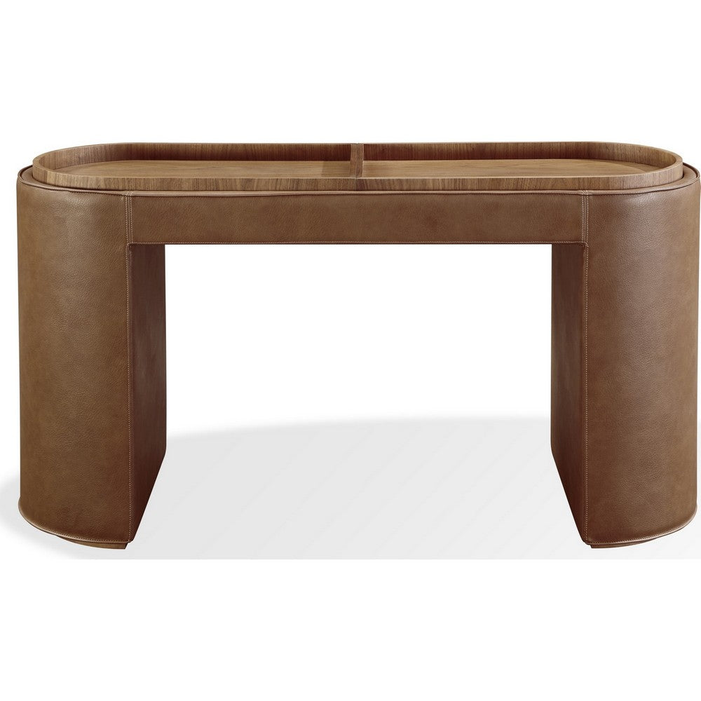 Yena Storage Console Table | Reversible Tray Top | Brown Faux Leather 54"