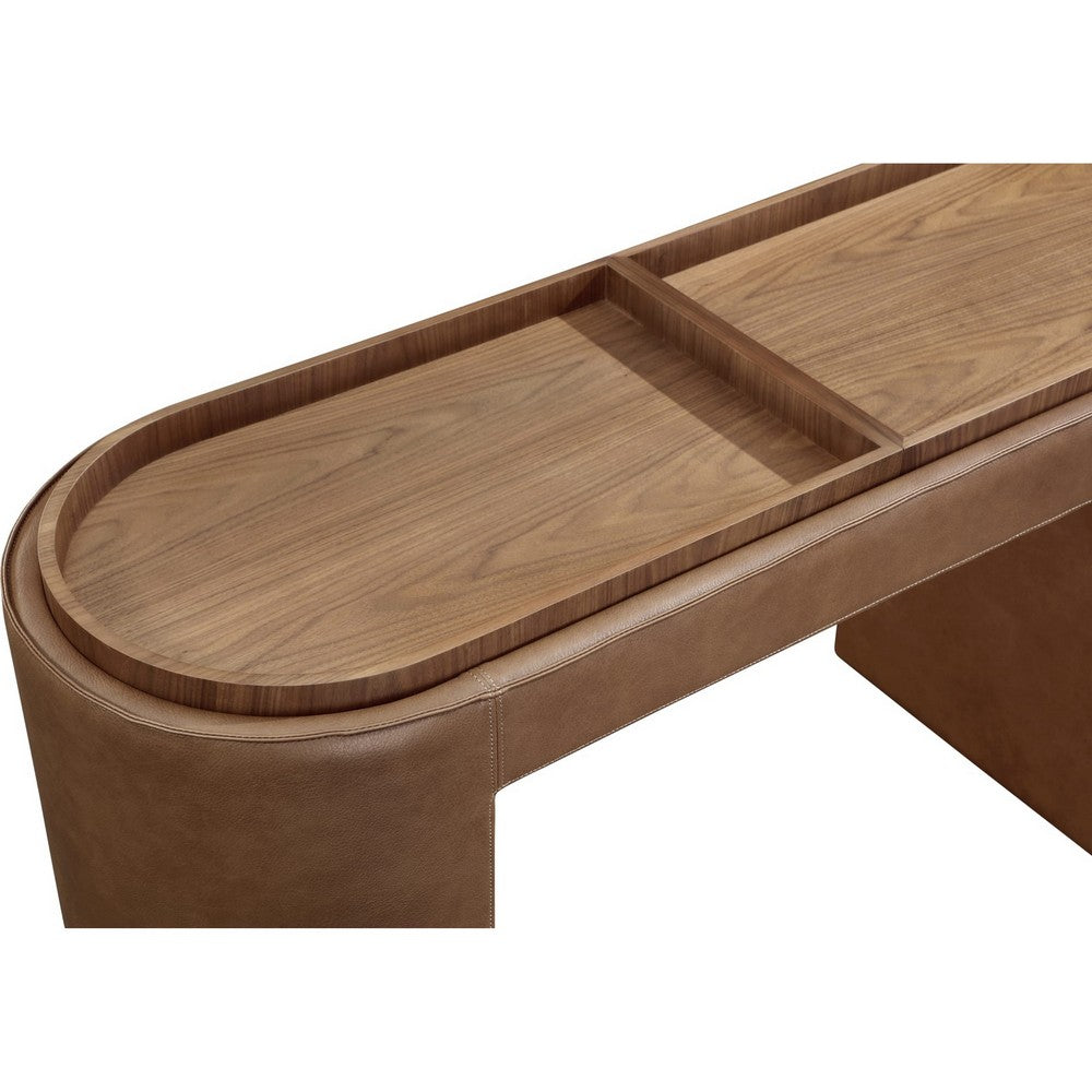 Yena Storage Console Table | Reversible Tray Top | Brown Faux Leather 54"