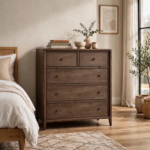 Carlos Tall Dresser Chest with 6 Drawers | Pecan Brown Solid Wood