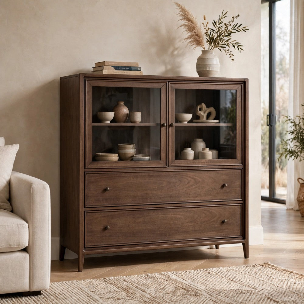 Carlos Storage Chest with Glass Doors & Drawers | Pecan Brown Wood 54"