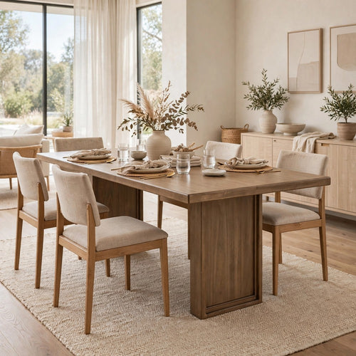 Carlos Fixed Dining Table with Panel Base | Toffee Crunch Solid Wood 84"