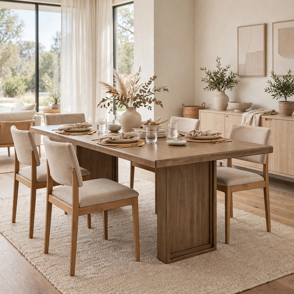 Carlos Fixed Dining Table with Panel Base | Toffee Crunch Solid Wood 84"