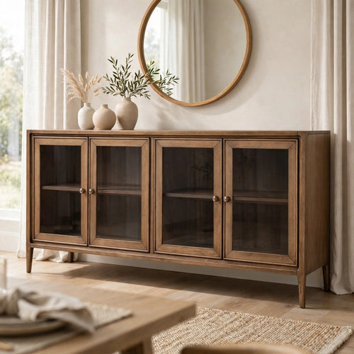 Carlos Dining Sideboard | 4 Doors | Glass Front | Brown Mango-Rubberwood 68"