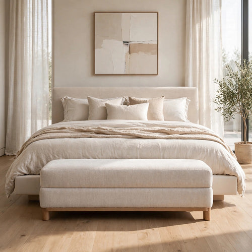 Joa Bedside Bench | Beige Chenille | Brown Rubberwood Frame | 60"