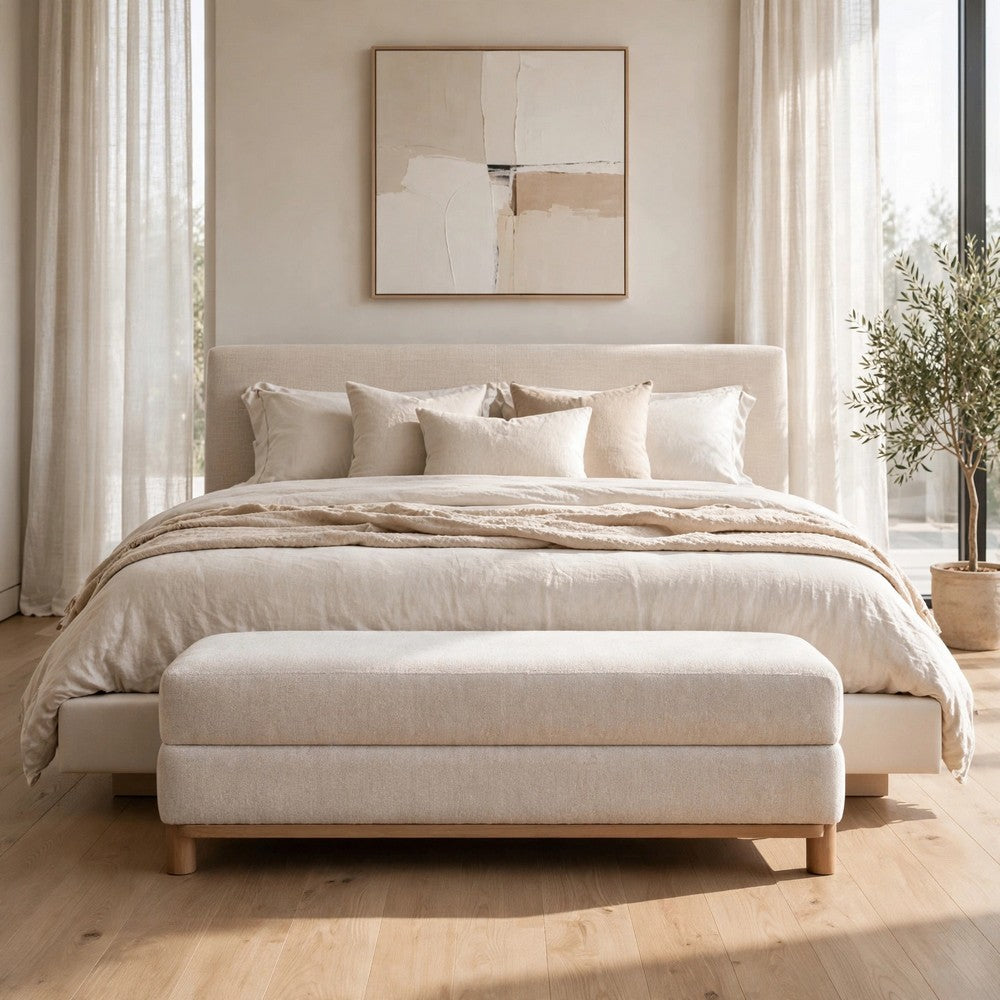 Joa Bedside Bench | Beige Chenille | Brown Rubberwood Frame | 60"