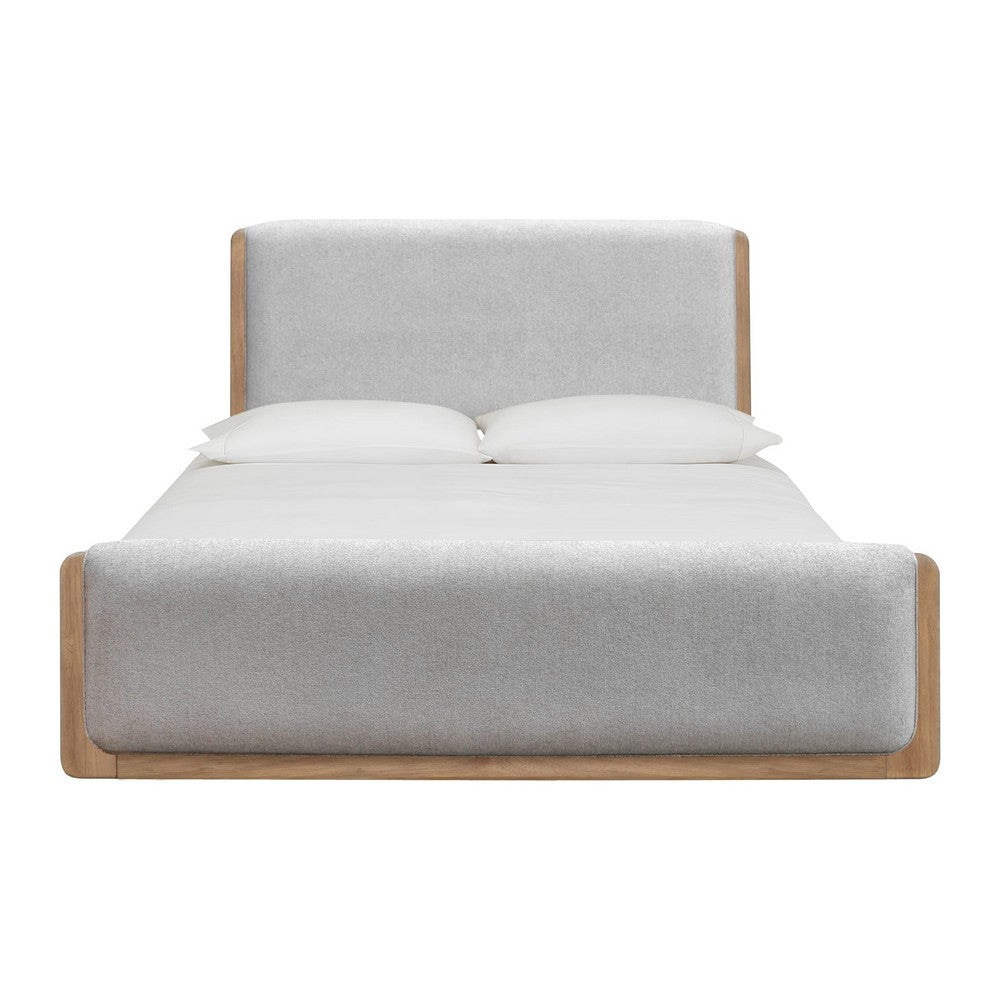Joa Queen Size Bed | Beige Chenille Upholstery | Brown Rubberwood Frame