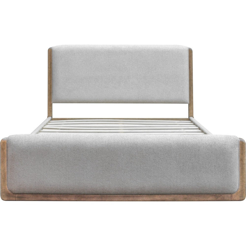 Joa Queen Size Bed | Beige Chenille Upholstery | Brown Rubberwood Frame