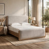 Joa Queen Size Bed | Beige Chenille Upholstery | Brown Rubberwood Frame