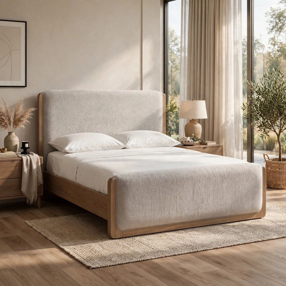 Joa Queen Size Bed | Beige Chenille Upholstery | Brown Rubberwood Frame