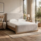 Joa Queen Size Bed | Beige Chenille Upholstery | Brown Rubberwood Frame