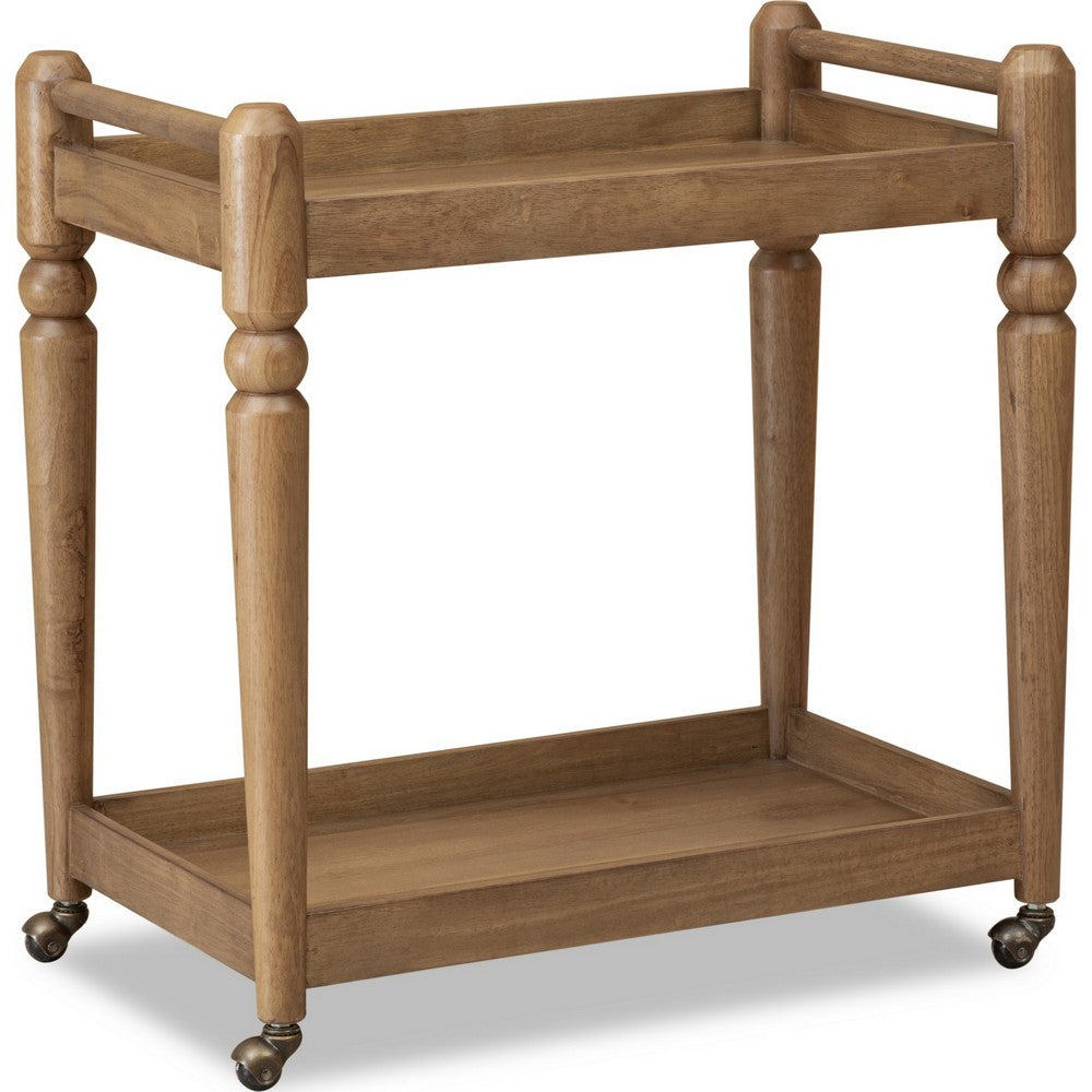 Hoa 2 Tier Bar Cart Server | Brown | Turned Legs | Rolling Casters 33"