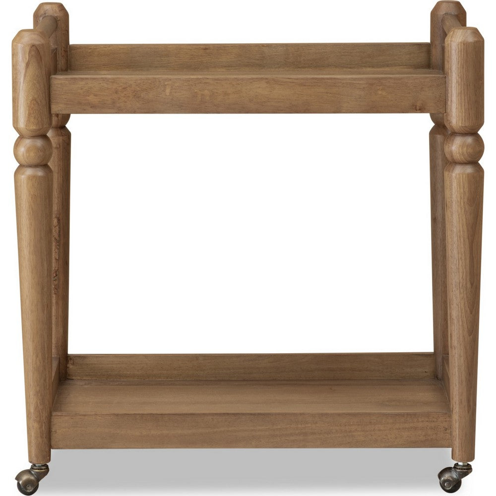 Hoa 2 Tier Bar Cart Server | Brown | Turned Legs | Rolling Casters 33"