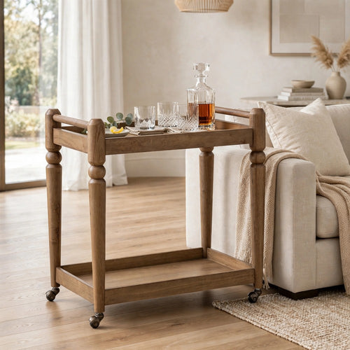 Hoa 2 Tier Bar Cart Server | Brown | Turned Legs | Rolling Casters 33"