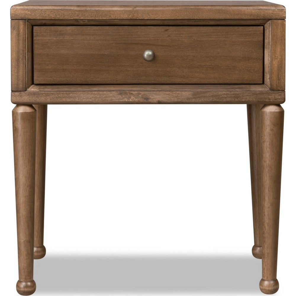 Hoa Bedside Nightst& | 1 Drawer | Bronze Steel Knob | Brown Rubberwood