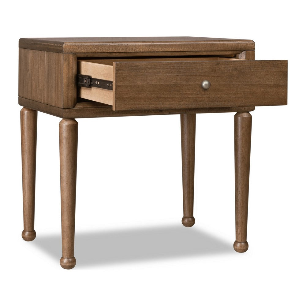 Hoa Bedside Nightst& | 1 Drawer | Bronze Steel Knob | Brown Rubberwood