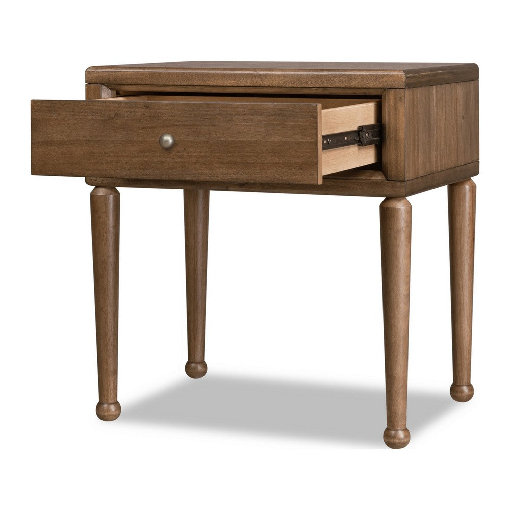 Hoa Bedside Nightst& | 1 Drawer | Bronze Steel Knob | Brown Rubberwood