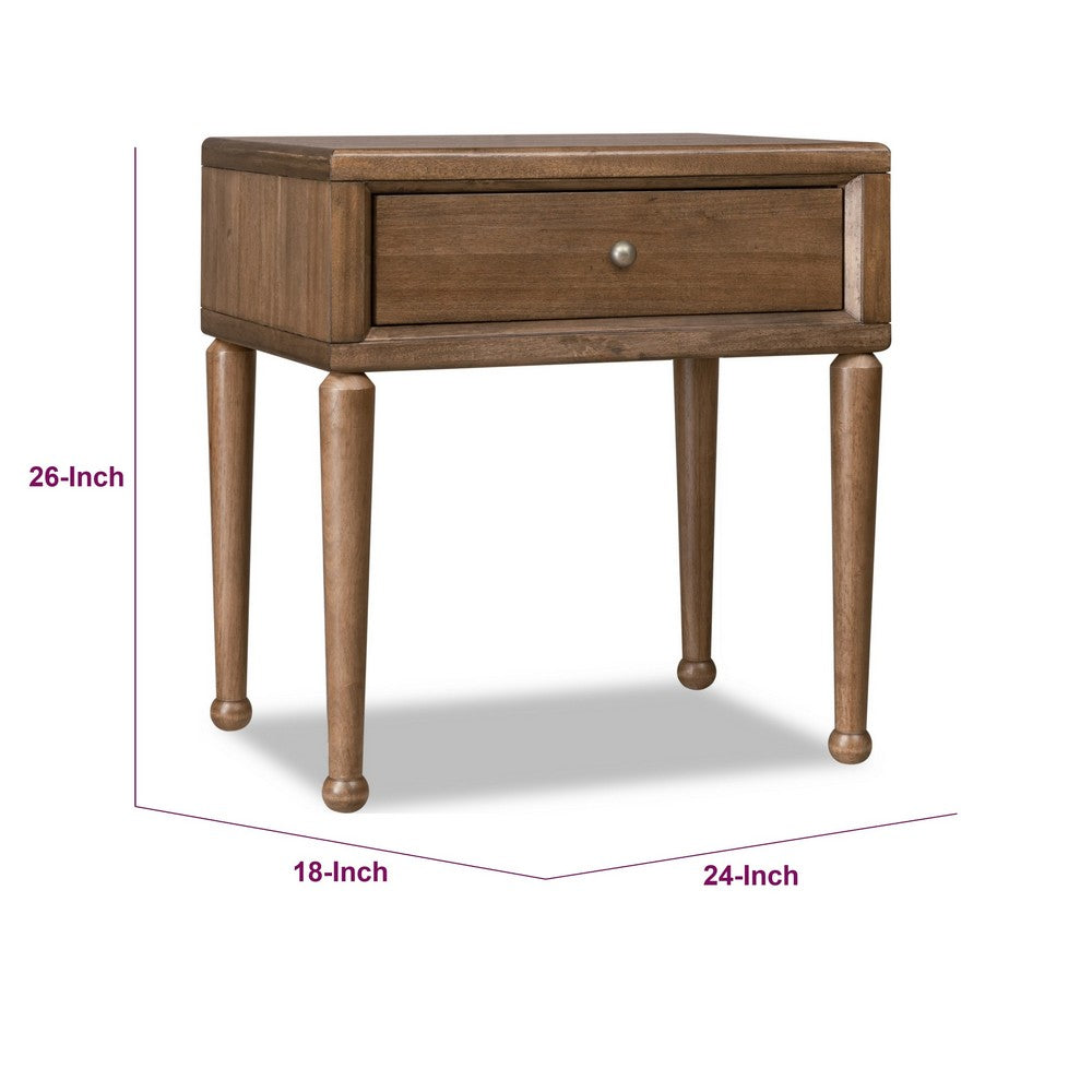 Hoa Bedside Nightst& | 1 Drawer | Bronze Steel Knob | Brown Rubberwood