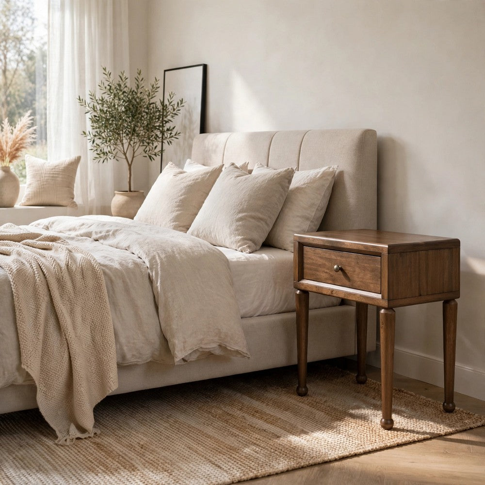 Hoa Bedside Nightst& | 1 Drawer | Bronze Steel Knob | Brown Rubberwood