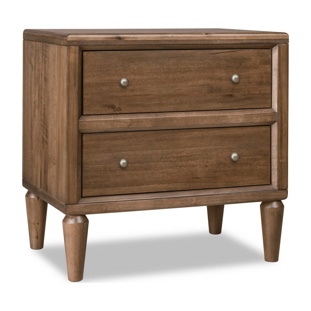 Hoa Bedside Nightst& | 2 Drawers | Bronze Steel Knobs | Brown Rubberwood