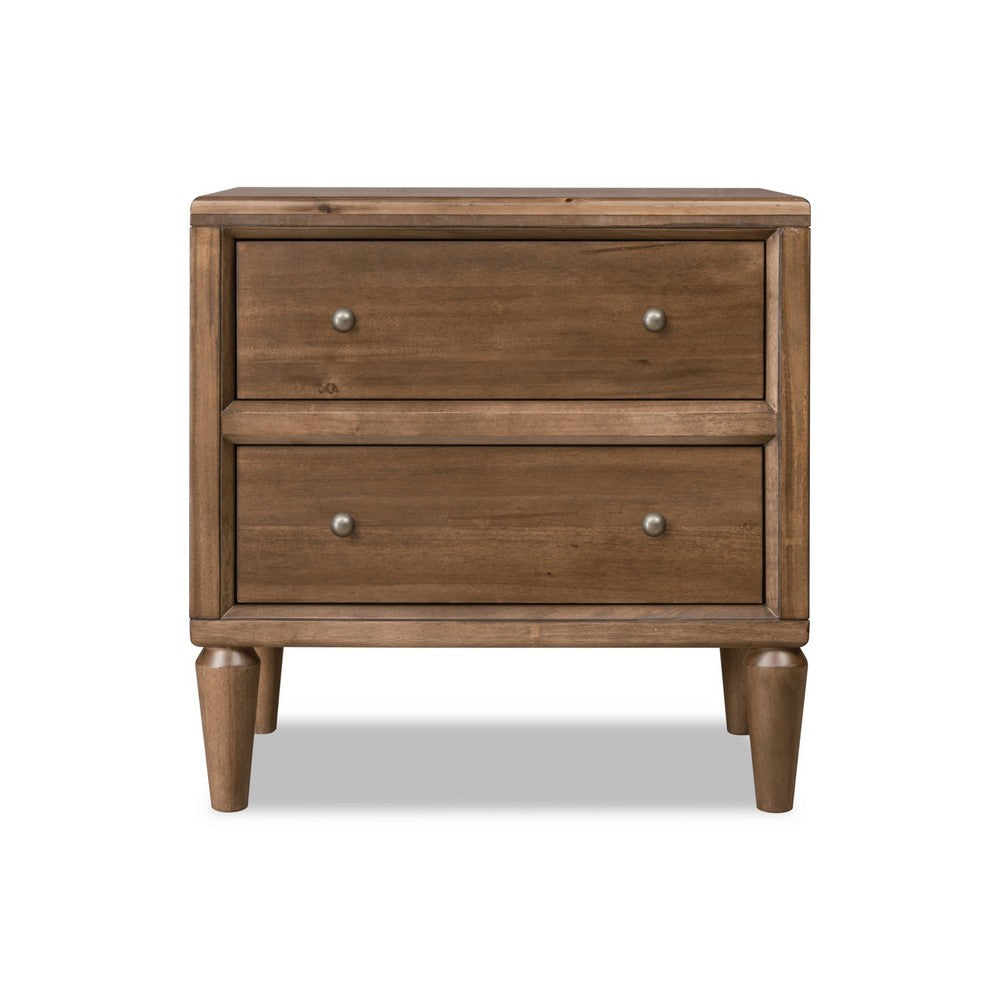 Hoa Bedside Nightst& | 2 Drawers | Bronze Steel Knobs | Brown Rubberwood