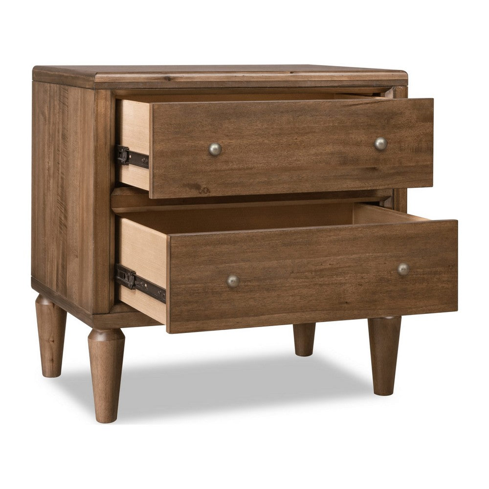 Hoa Bedside Nightst& | 2 Drawers | Bronze Steel Knobs | Brown Rubberwood