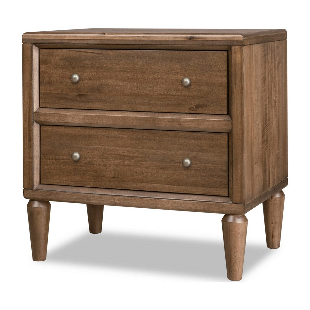 Hoa Bedside Nightst& | 2 Drawers | Bronze Steel Knobs | Brown Rubberwood