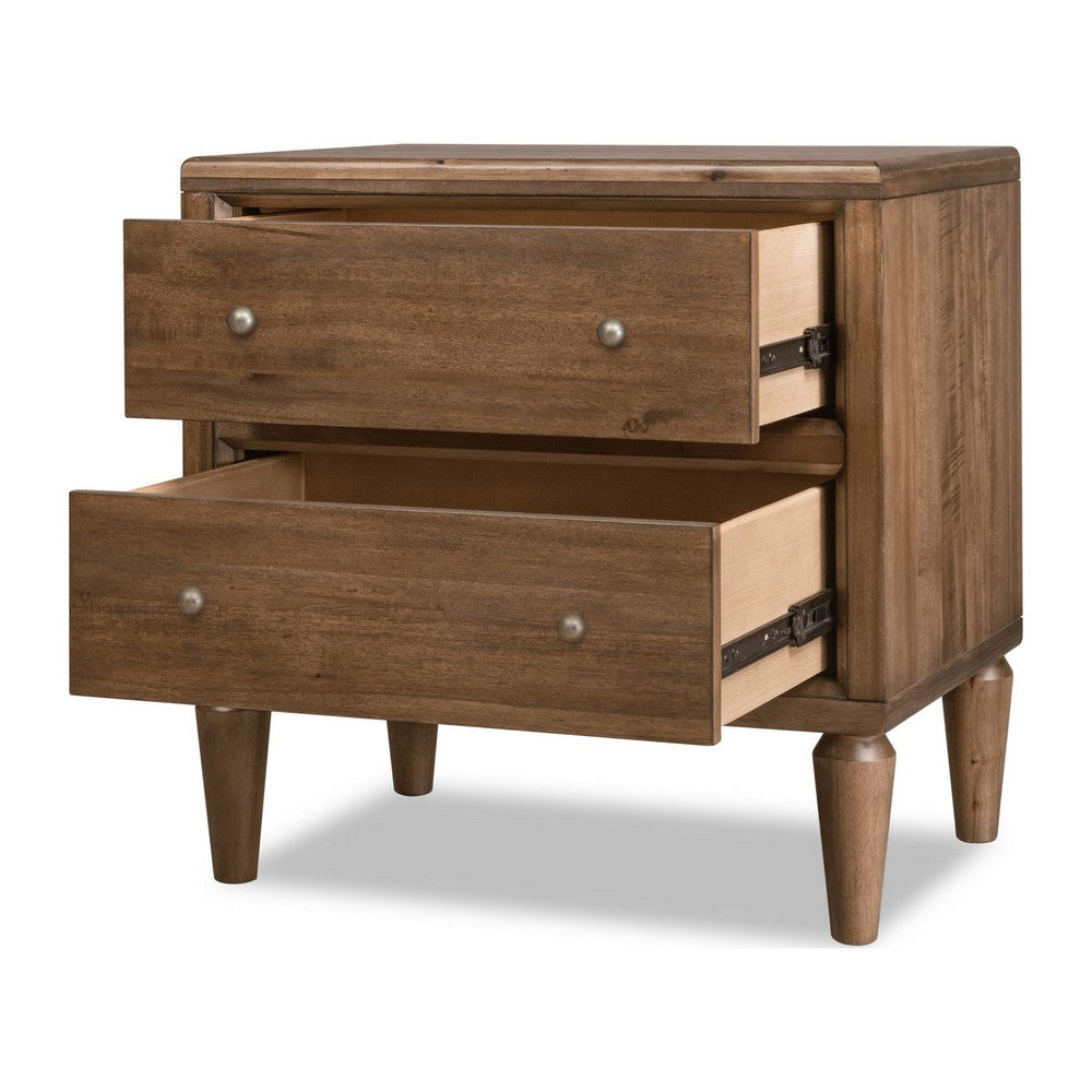 Hoa Bedside Nightst& | 2 Drawers | Bronze Steel Knobs | Brown Rubberwood
