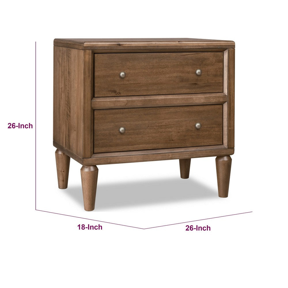 Hoa Bedside Nightst& | 2 Drawers | Bronze Steel Knobs | Brown Rubberwood