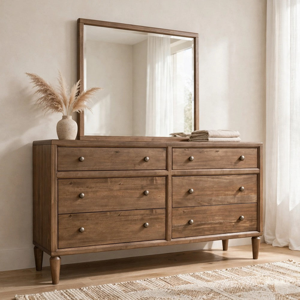 Hoa Wide Dresser | 6 Drawers | Bronze Steel Knobs | Brown Rubberwood