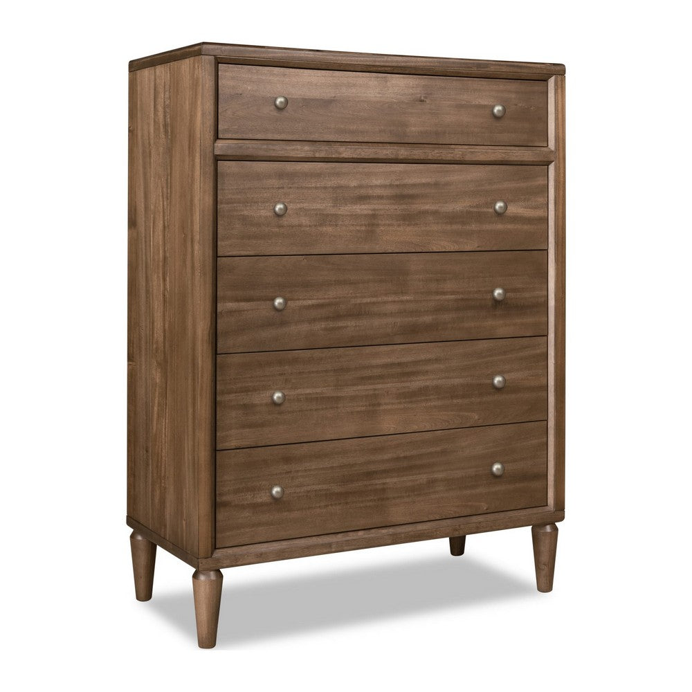 Hoa Tall Dresser Chest | 5 Drawers | Bronze Steel Knobs | Brown Rubberwood