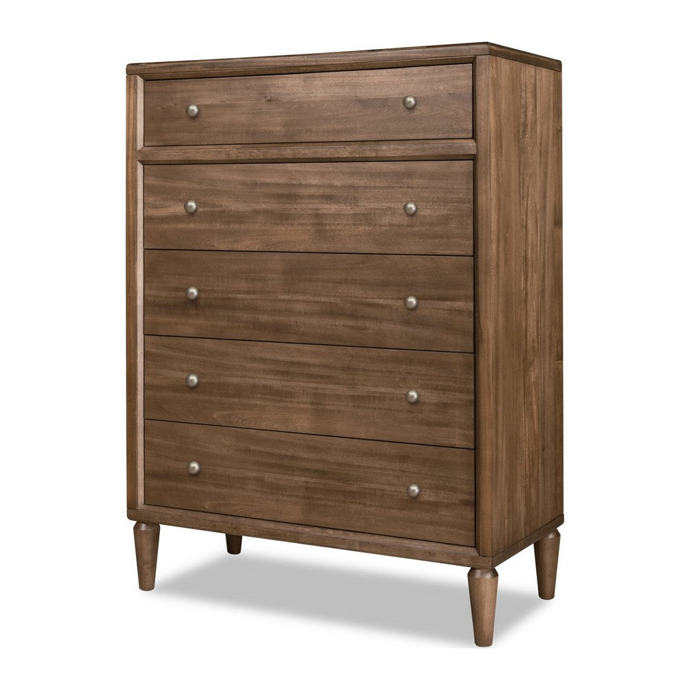 Hoa Tall Dresser Chest | 5 Drawers | Bronze Steel Knobs | Brown Rubberwood