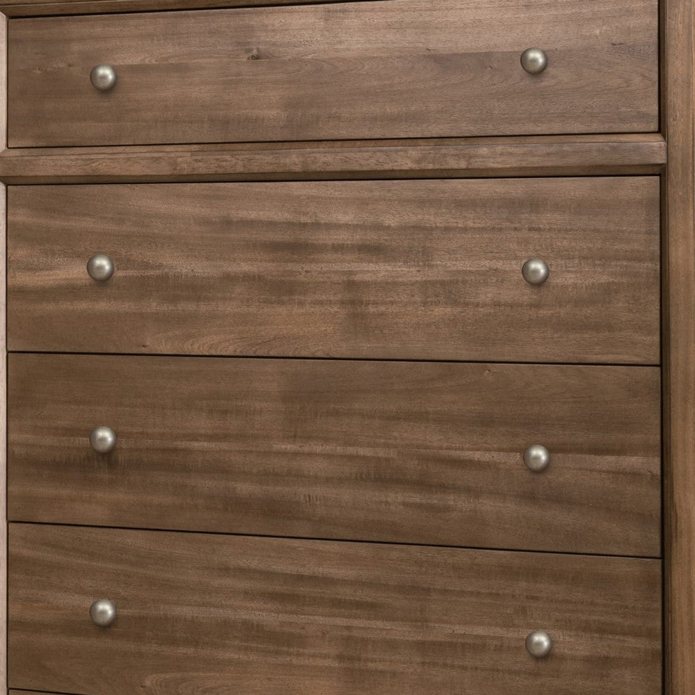 Hoa Tall Dresser Chest | 5 Drawers | Bronze Steel Knobs | Brown Rubberwood