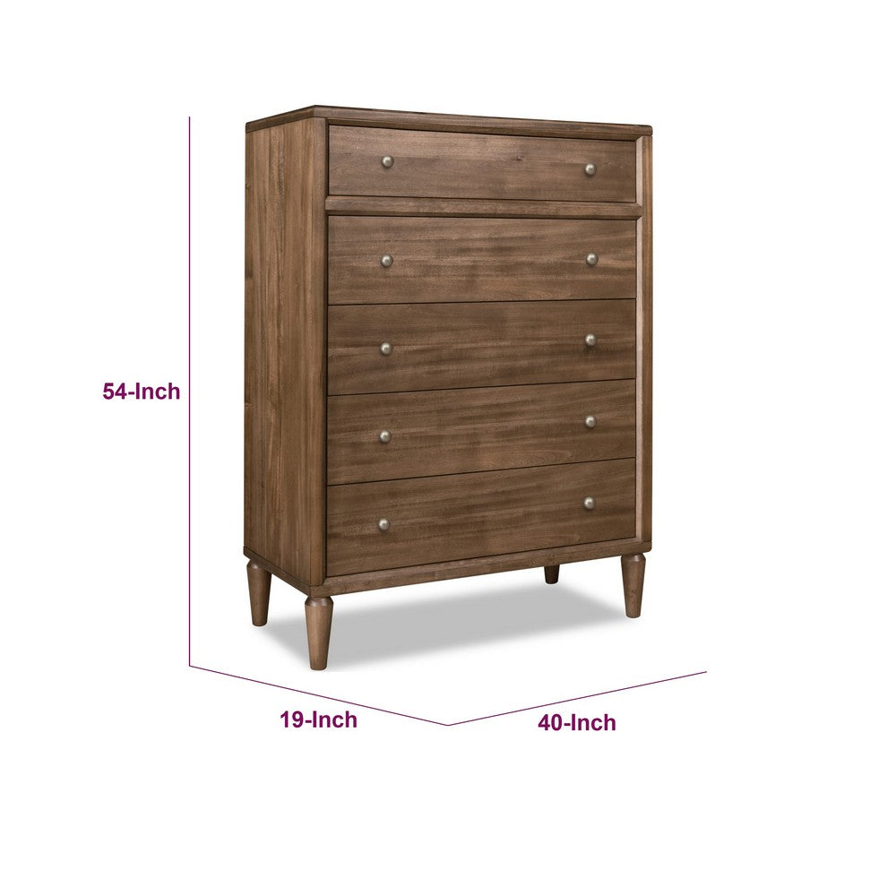 Hoa Tall Dresser Chest | 5 Drawers | Bronze Steel Knobs | Brown Rubberwood
