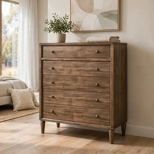 Hoa Tall Dresser Chest | 5 Drawers | Bronze Steel Knobs | Brown Rubberwood